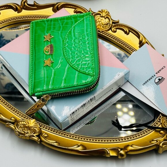 🆕 CHIARA FERRAGNI 🧿 BNIB Range Eye Star Sketch Green Croc-Embossed Card Holder
